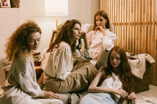Four women enjoying a relaxing indoor gathering while conversing on a vintage phone.