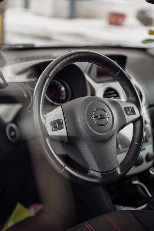 Free Steering Wheel of an Opel Corsa Car Stock Photo