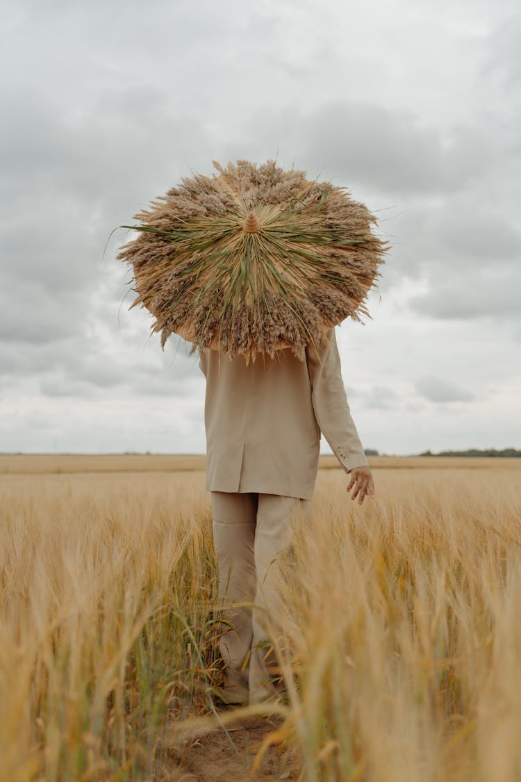 Back View Of A Person Holding An Umbrella Walking On Wheat Field 