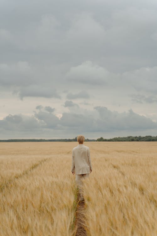 Back View of a Person in Beige Suit Standing on Brown Grass Field under the Sky