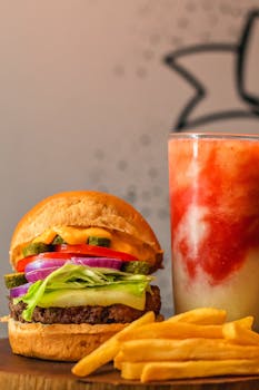 Close-up shot of a hamburger with fries and a drink on a wooden surface.