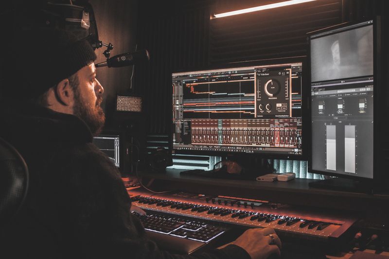A professional audio engineer working at a digital music production setup in a home studio.