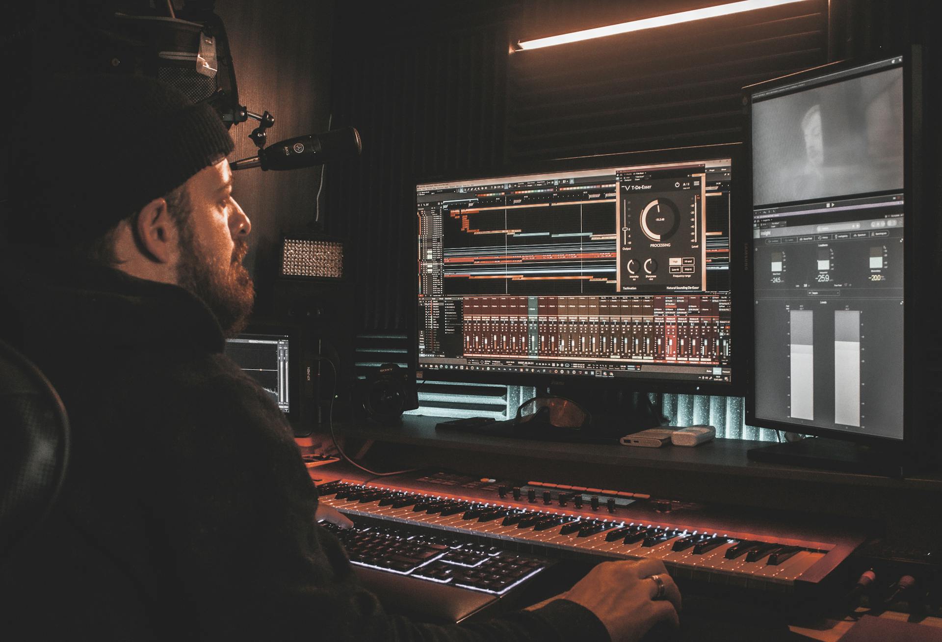 A professional audio engineer working at a digital music production setup in a home studio.