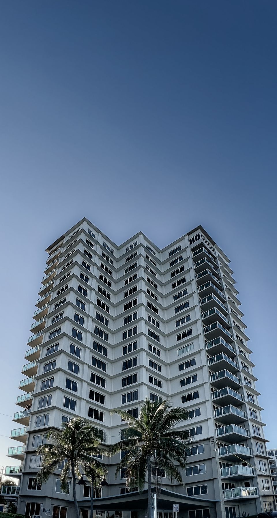 A white condominium tower above a row of palm trees