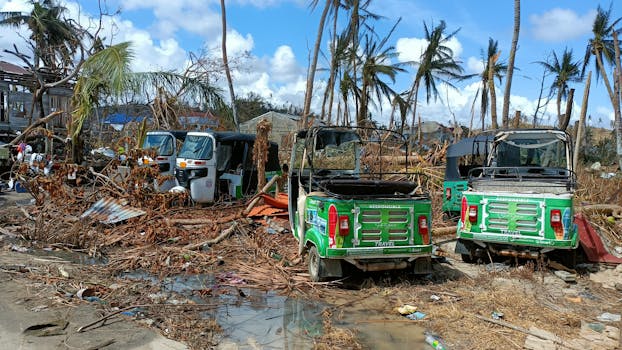 Photo by Jet Kings Post-storm scene with damaged vehicles amidst fallen palm trees and debris.
