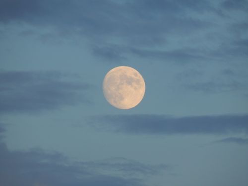 Free Serene full moon against a blue sky with scattered clouds during twilight. Stock Photo