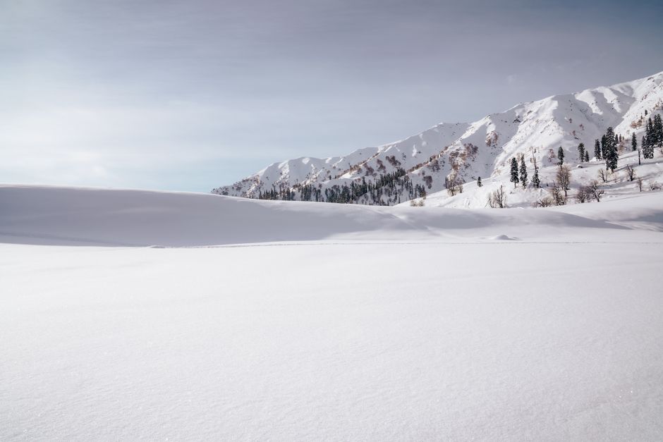 Best Time To See Snow In Kashmir 3 Winter landscape of snow-covered mountains in Gulmarg, Kashmir under clear skies.