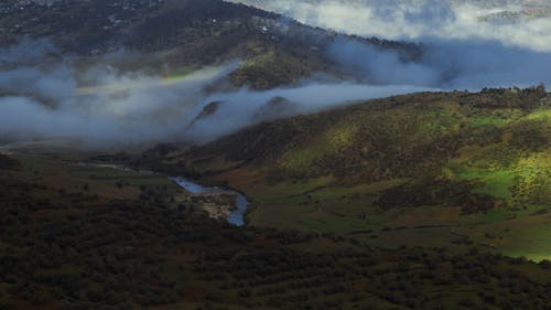 Grass Field Near Foggy Green Mountains 