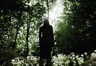 阳光斑驳的森林里，一个女人的剪影被鲜花包围