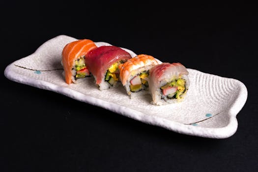 Vibrant sushi rolls with fresh fish, served on an elegant ceramic plate.