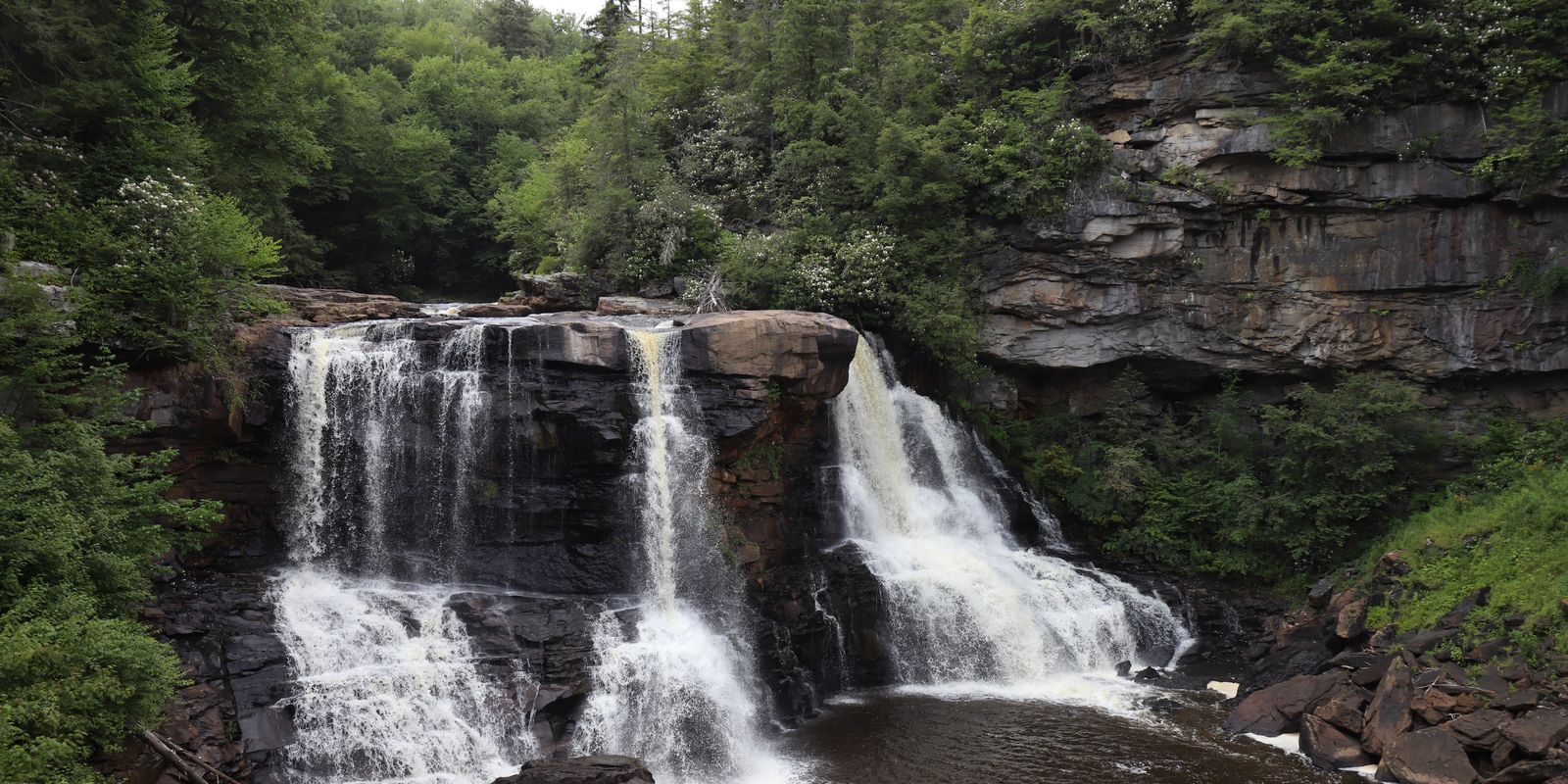 Waterfall surrounded by lush greenery in West Virginia