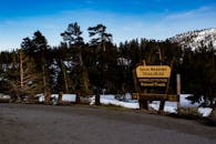 冬季积雪覆盖的太浩湖草地步道风景秀丽，高耸的树木映衬着蓝天