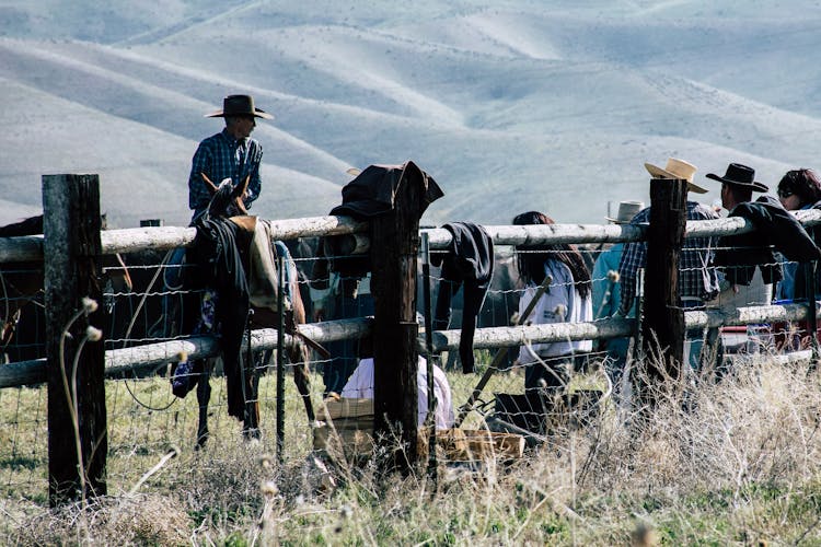 Cowboys Leaning On Brown Fence