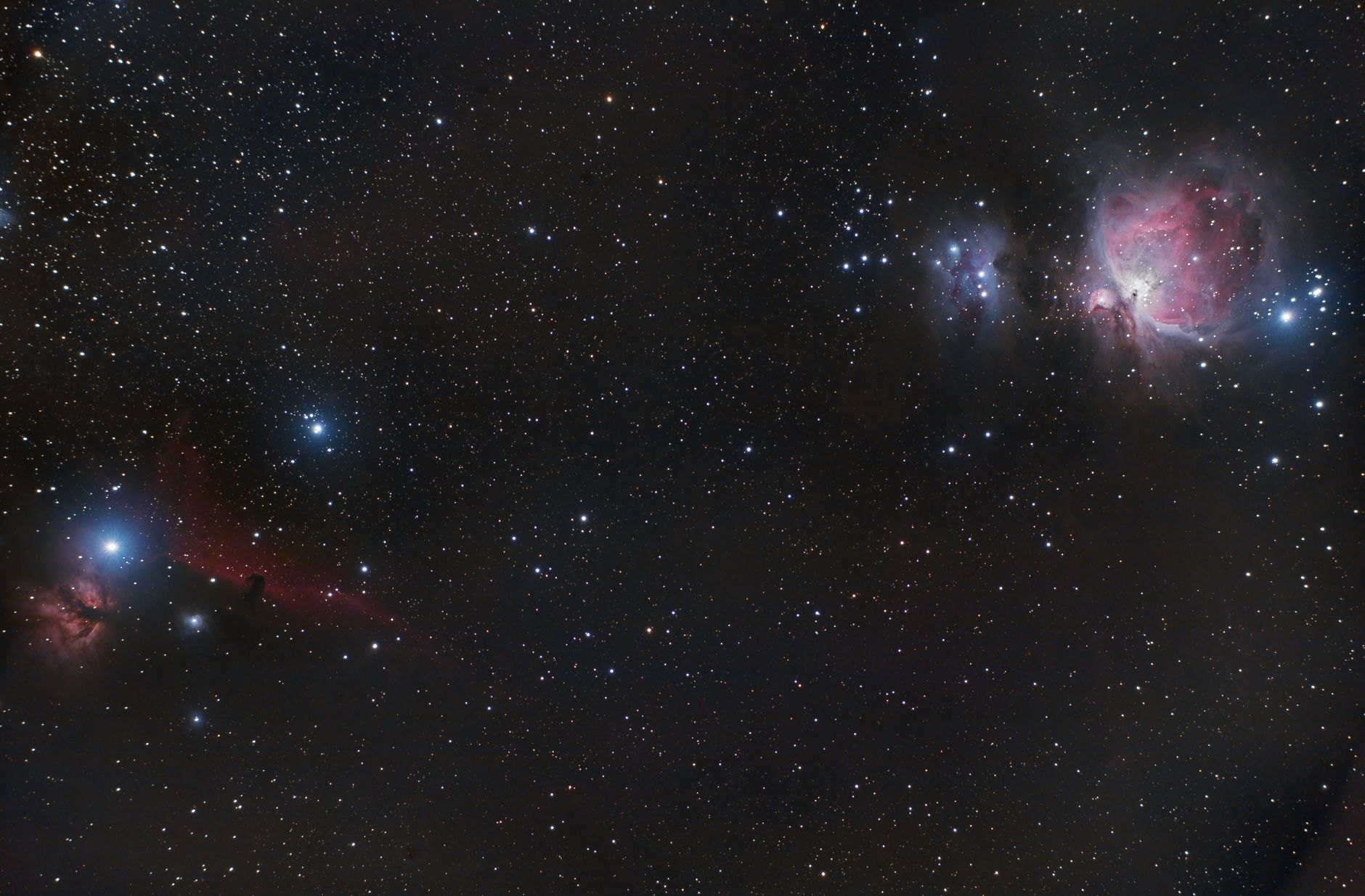 A detailed view of the Orion Nebula surrounded by a star-filled galaxy, perfect for background use.
