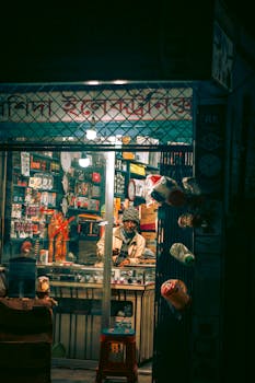 A shopkeeper inside an illuminated shop at night, displaying various goods behind a glass window.