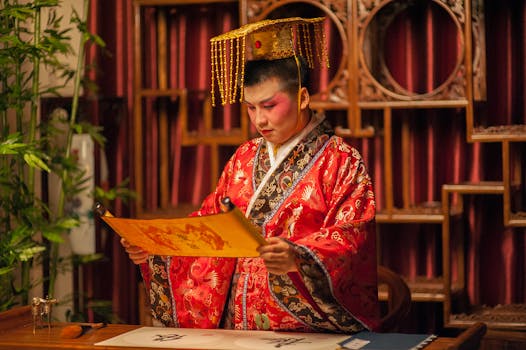 一位身着中国服装的人正在装饰精美的房间里阅读卷轴