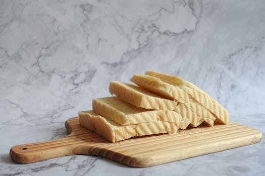 白面包切片在木板上的特写，非常适合作为健康的自制零食