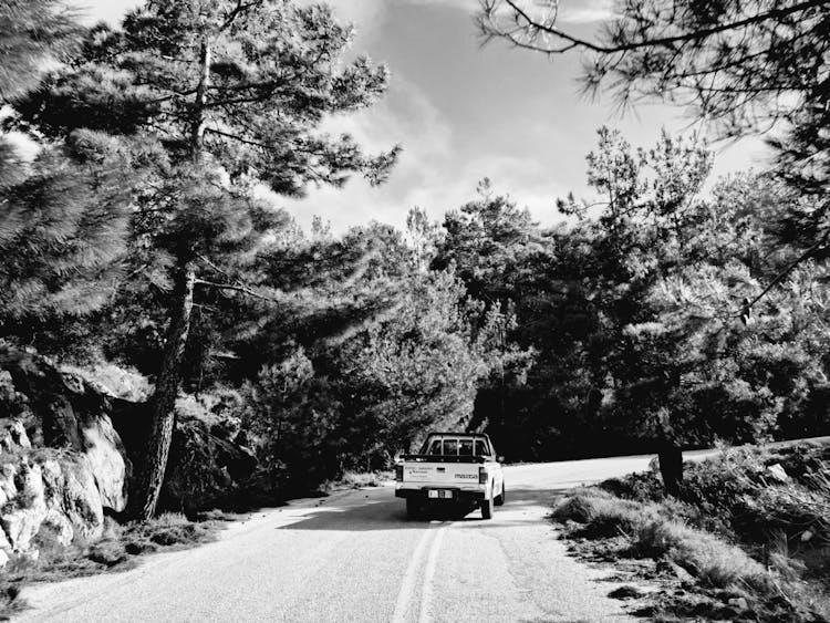 Monochrome Photo Of Pick Up Truck On Road