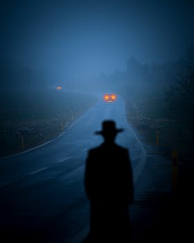 A silhouette of a person in a hat stands on a foggy road at night with car headlights in the distance.