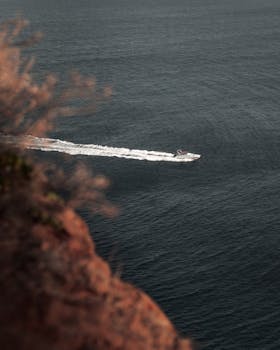 A motorboat speeds across the ocean, leaving a trace on the tranquil sea viewed from a cliff.