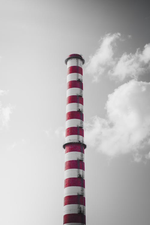 Red And White Chimney Of Power Plant Factory