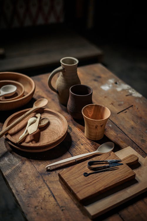 Free Cutlery and Vases on Wooden Table Stock Photo