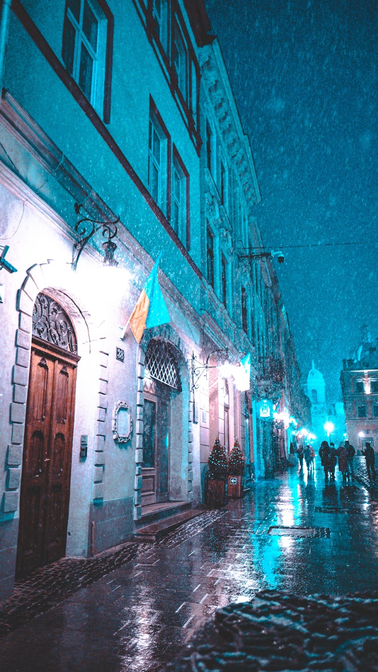 Snowfall In Town At Night
