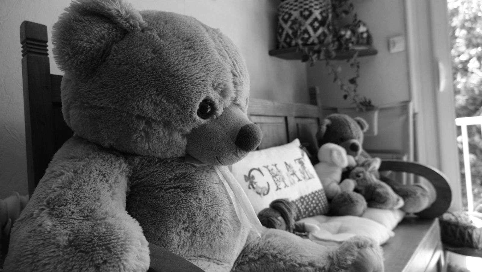 Grand ours en peluche sur un banc en bois avec peluches et coussin