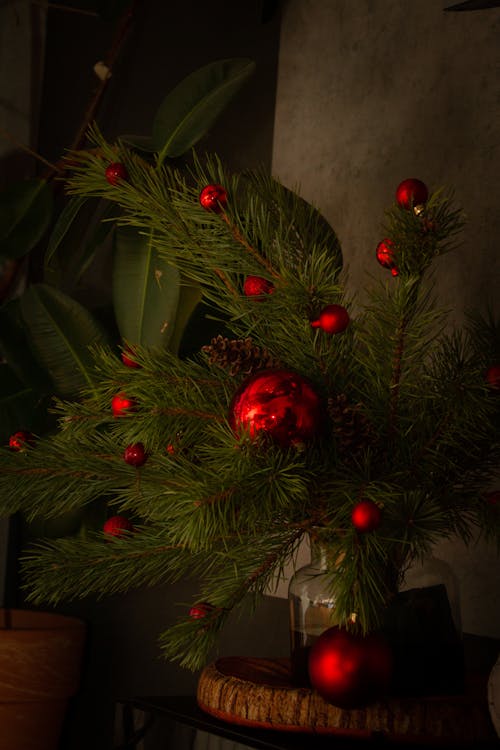 Green Pine Leaves with Baubles