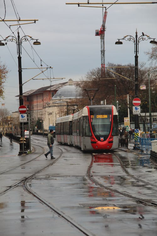 Red and White Tram on Tramway