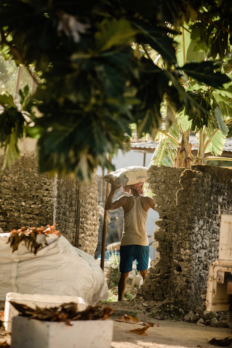 Man Carrying Bag On Head