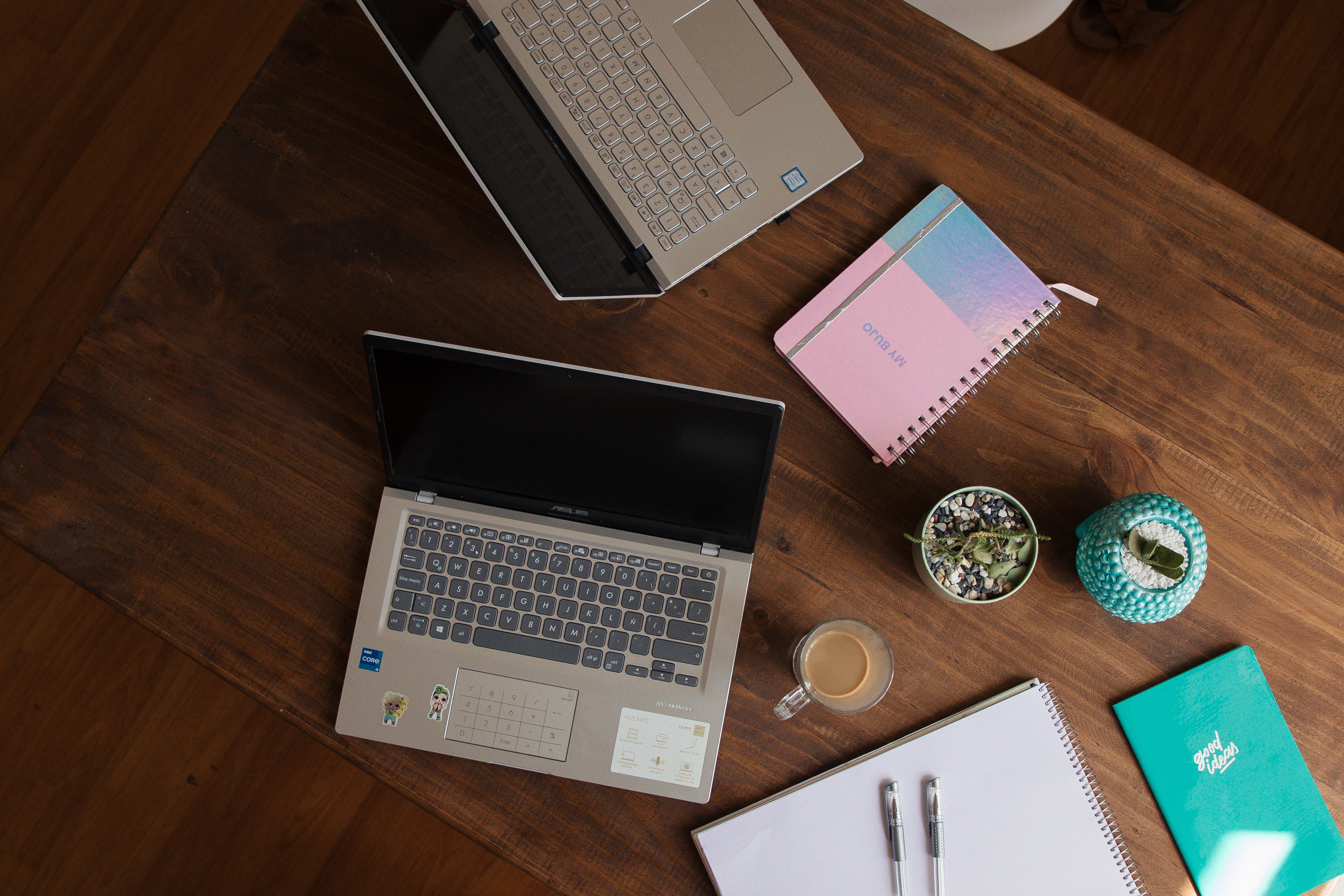 Top-down view of laptops, notebooks, pens, coffee and small plants arranged on a wooden table