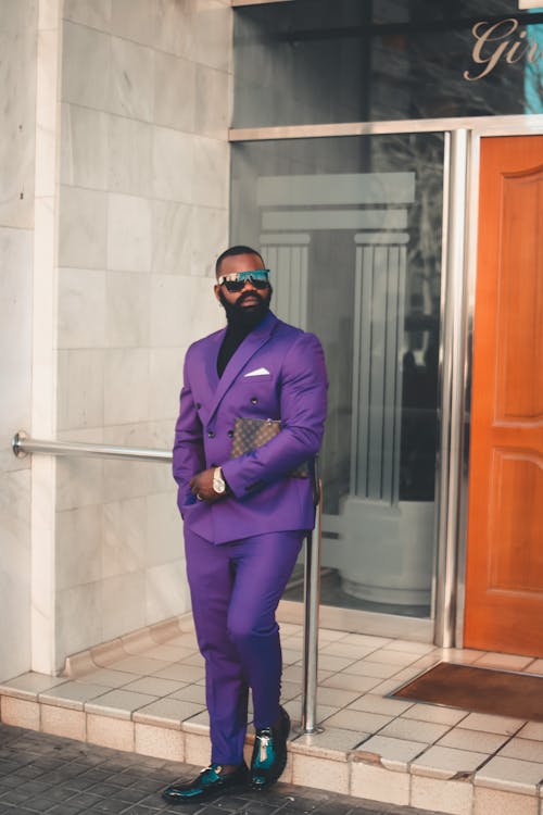 Free Man in Purple Suit Wearing Sunglasses Stock Photo