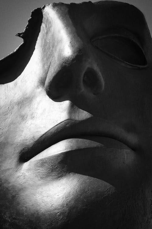 Grayscale Photo of a Sculpture of a Face 