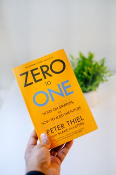 Person holding 'Zero to One' book by Peter Thiel next to a green plant.