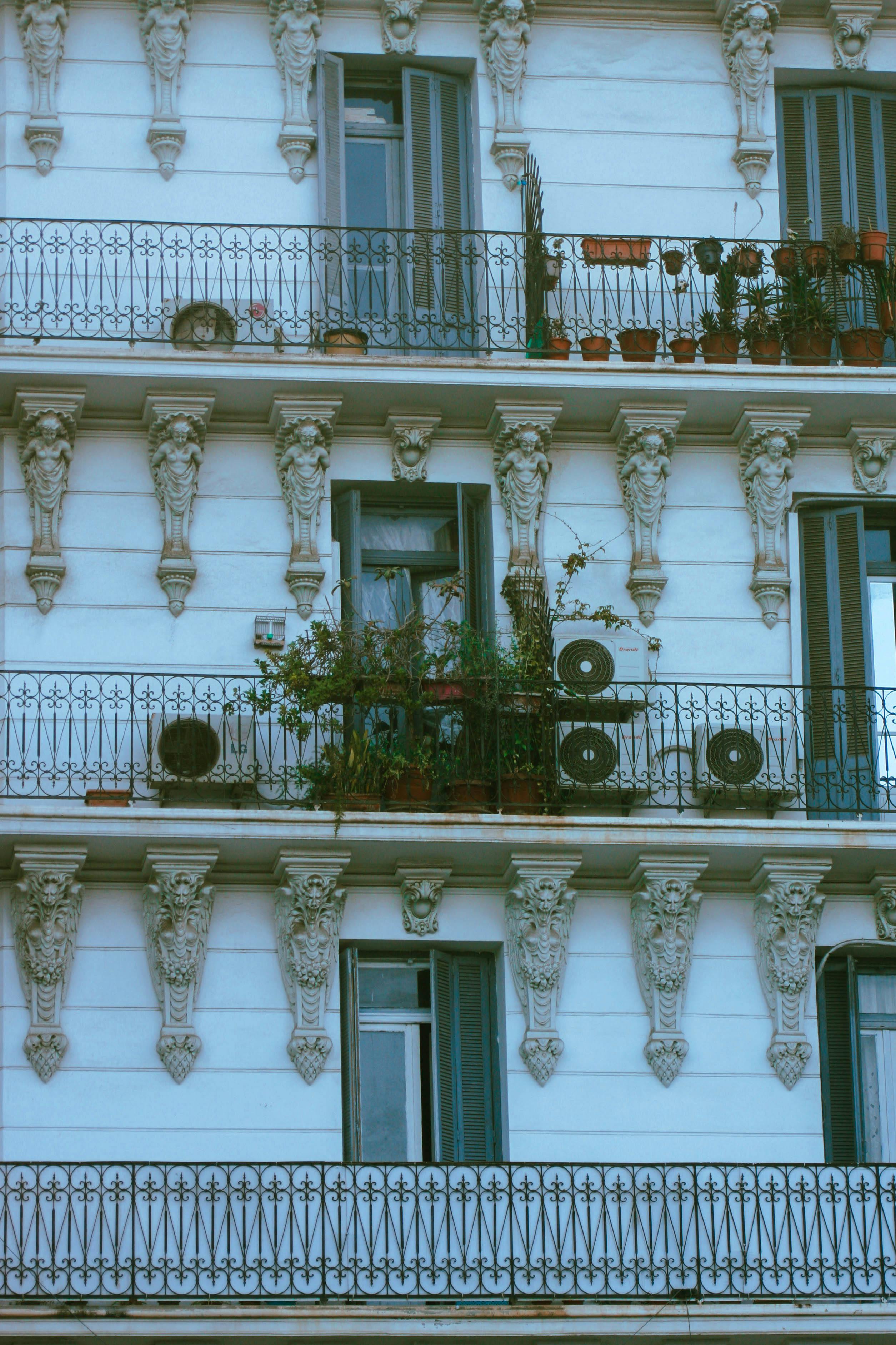 Facade of a classic apartment building in Algiers with ornate design and balconies.