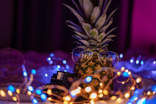 Free stock photo of camera, fairy lights, gold glasses
