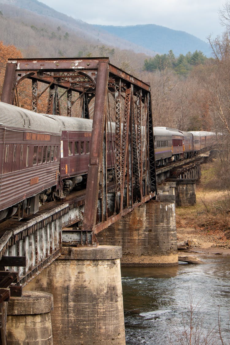 A Train Travelling On A Bridge