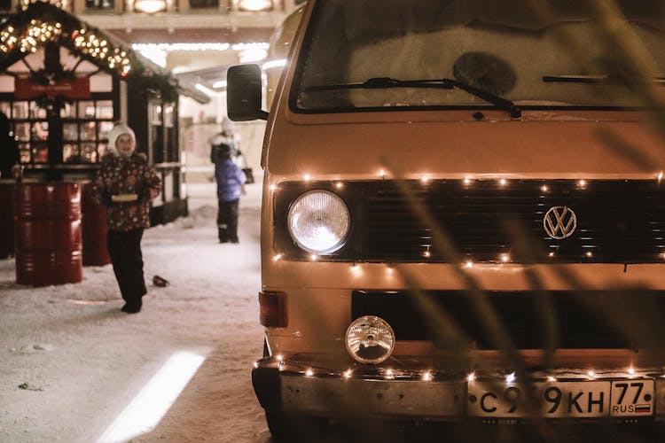 Retro Van On Street In Winter