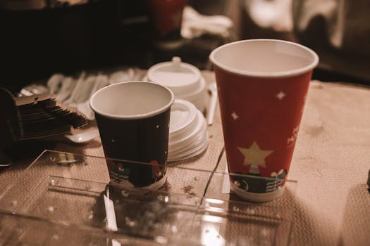 Disposable holiday-themed coffee cups on a table, perfect for seasonal drinks.