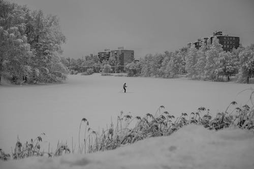 Black and White Photo of a Person Skiing 