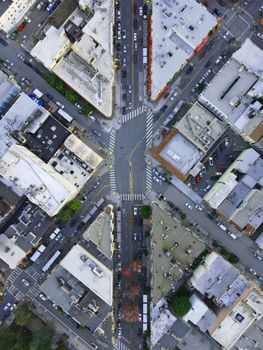 Overhead view of a bustling intersection in San Francisco, showcasing urban architecture.