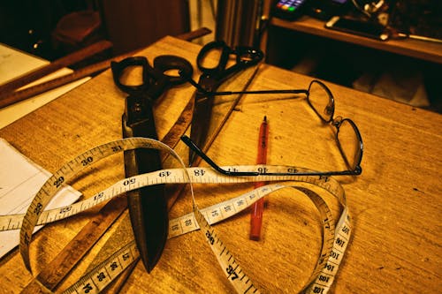 Free stock photo of ballpen, eyeglasses, measuring tape