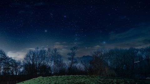 Beautiful starry night sky with a peaceful grassy hill and trees in the foreground.