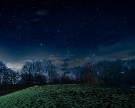 Beautiful starry night sky with a peaceful grassy hill and trees in the foreground.