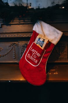A red Christmas stocking hanging on a fireplace, labeled 'Letter to Santa', creating a cozy festive scene.