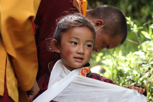 Free A young child in traditional monk clothing, surrounded by vibrant outdoor scenery, exudes cultural heritage. Stock Photo