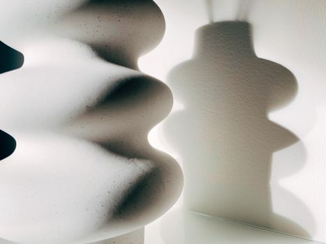A close-up of a wavy vase casting a distinct shadow on a wall, creating an abstract art effect.