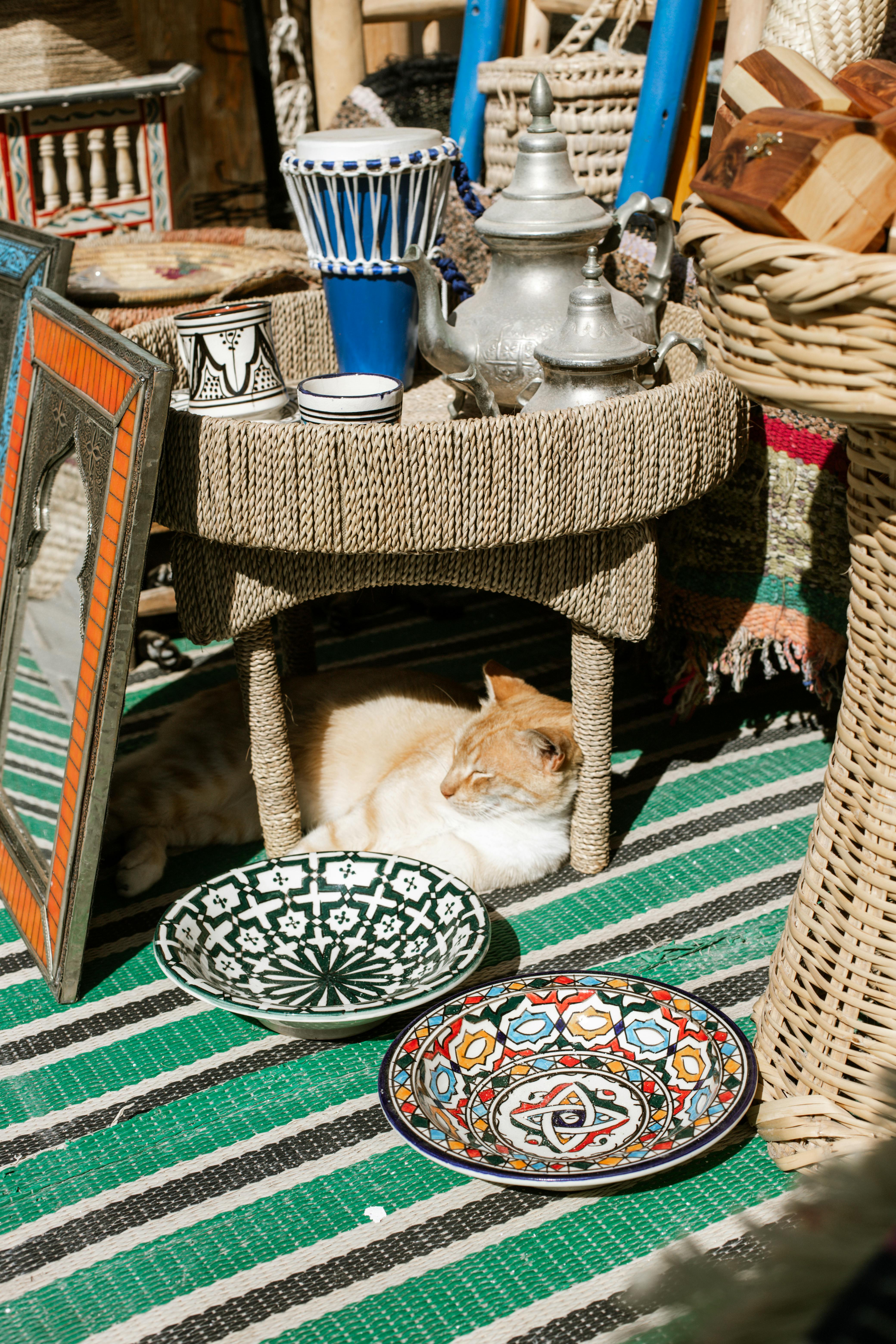 A calm cat nestled under vibrant traditional pottery and tableware in a bazaar setting.
