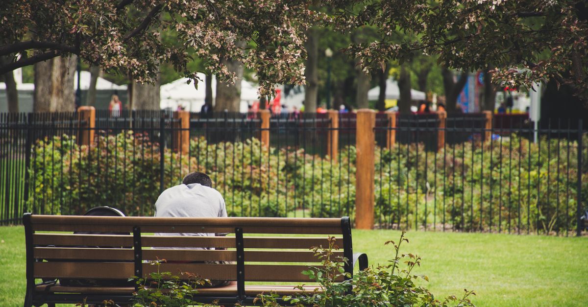 person sitting alone on a park bench looking at a sunrise